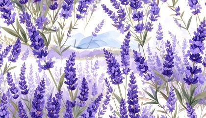 Watercolor-style lavender field with distant hills, in hues of purple, green, and white