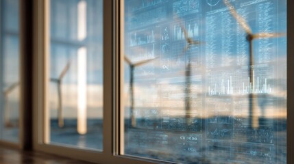 Fototapeta premium Medium framing of smart grid interface screen displaying renewable energy data with a wind farm softly blurred through a window behind emphasizing system sync.