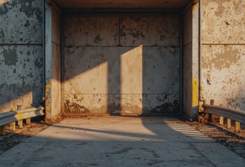 Waste transfer bay with plain concrete walls and guard rail in sunlight