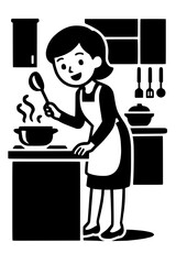 Smiling woman cooking happily in a modern kitchen