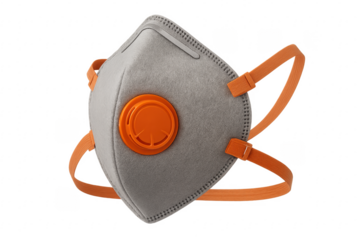 Gray Filtering Facepiece Respirator Mask with Orange Valve and Straps on Transparent Background