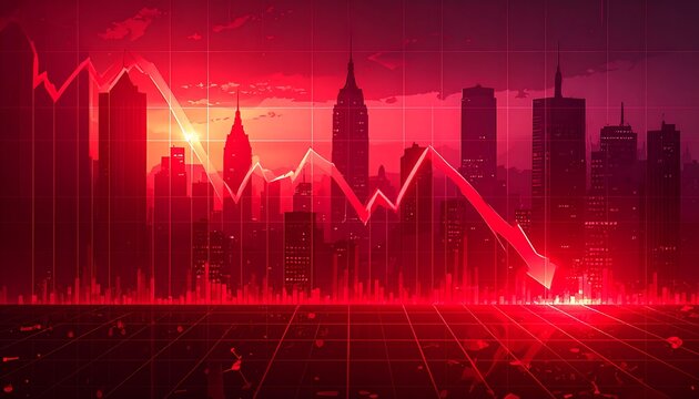 A dramatic city skyline at sunset, overlaid with a plummeting red stock market graph