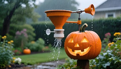 Halloween pumpkin carved with a spooky face sits in the rain near a rain gauge in a garden setting