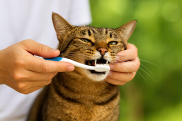 Cat owner brushing cat's teeth with toothbrush.Pets dental care concept.