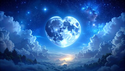 Heart-shaped moon over a mystical landscape at night