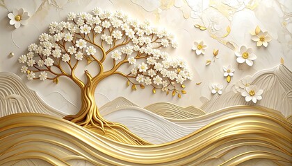 Textured wallpaper depicts a gold-toned tree laden with white flowers on a cream textured background
