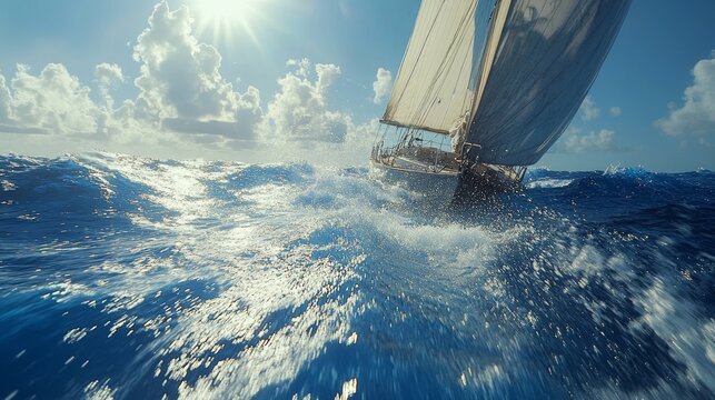 Sailing yacht gliding swiftly across deep blue ocean under a bright sunny sky with dramatic clouds, creating a vibrant scene of freedom, marine adventure, speed, and beauty of sailing on open water