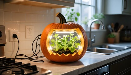 Creative autumn concept of a miniature indoor garden with glowing LED lights growing inside a carved pumpkin on a kitchen counter