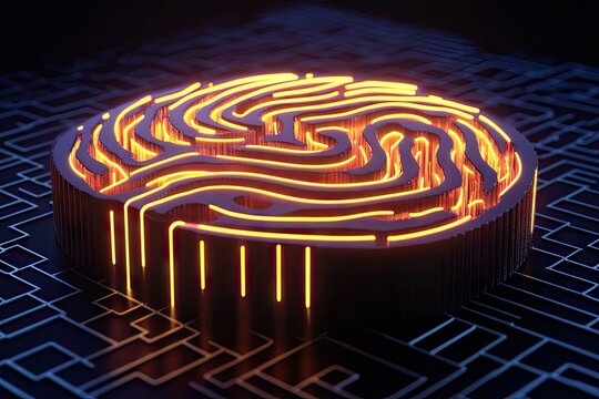 Glowing orange fingerprint-shaped circuit embedded on a dark circuit board, rendered in 3D with a detailed, high-resolution texture - Powered by Adobe
