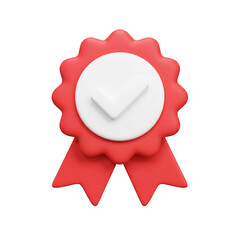 A vibrant red and white award ribbon with a checkmark symbol, representing achievement, approval, and validation in a rendered illustration.