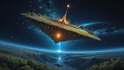 Obraz premium A large forest-patterned UFO in space