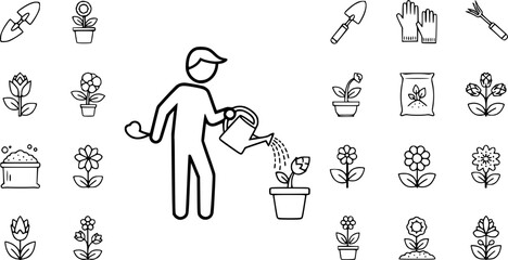 Obraz premium set of person watering plants outline icon vector 