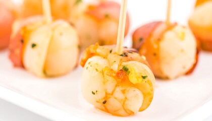 Appetizing shrimp skewers, wrapped in bacon, presented on a white plate, featuring a close-up view and vibrant colors.