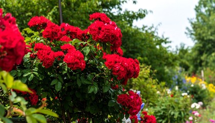 A vibrant cluster of deep red roses fills the foreground, with a garden of various colors and textures gently blurring into the background.