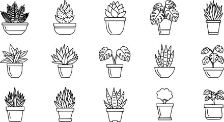 set of potted plant indoor outline icon vector
