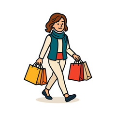 Woman Shopping Carrying Bags Walking Modern Vector Style
