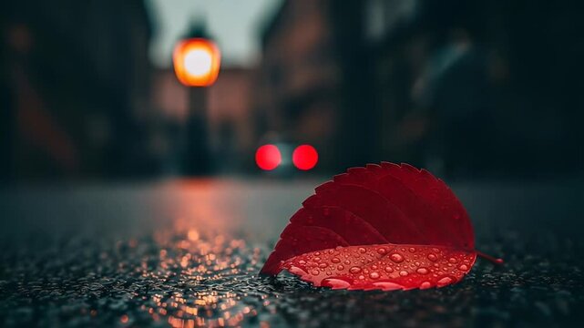 red leaf with raindrops on wet pavement at night