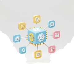 A digital network illustration showcasing interconnected concepts of online shopping, customer service, and data analysis within a modern business framework.