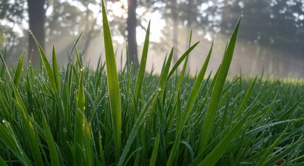Fototapeta premium Green Grass Blades with Dew in Morning Sunlight, Nature Background
