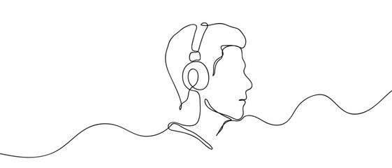 Side view of man wearing headphones listening to music. Continuous line art vector illustration. Editable stroke.