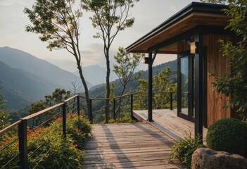 Fototapeta premium Scenic viewpoint facility with a wooden deck overlooking a mountainous landscape