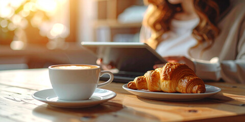 Woman using a tablet with coffee and croissant on a table in a cafe setting.