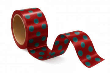 Red ribbon with turquoise polka dots unrolling from roll, isolated on transparent background, ideal for creative projects
