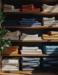 Organized hotel linens neatly stored on wooden shelves for hospitality equipment
