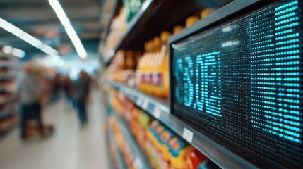 Medium shot focusing on a digital display showcasing realtime blockchain data for an organic product while shelves and shoppers are softly out of focus
