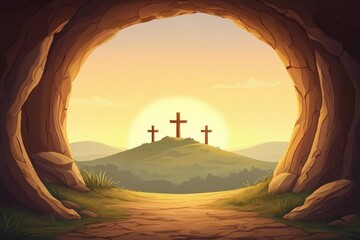 Dramatic View of Three Crosses on a Hill from a Cave Entrance