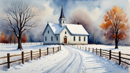 Snow-Covered Church in Winter Landscape - Watercolor Painting