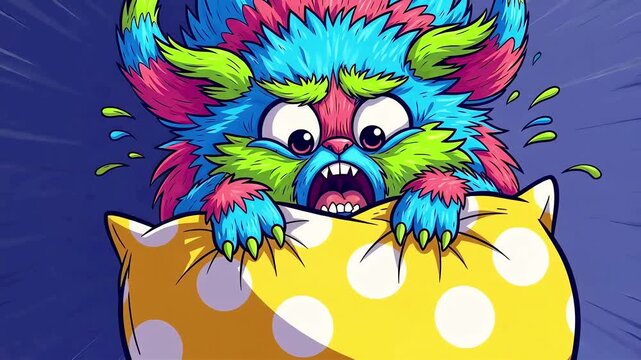 Colorful Frightened Monster Attacks Pillow Cartoon Animation Style.