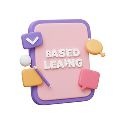 A colorful illustration depicts the concept of learning with elements like a checklist, speech bubble, and pencil, signifying educational progress.