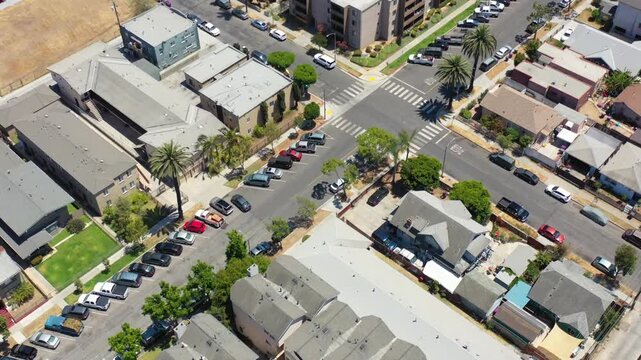 Aerial view of Long Beach, California, USA on July 23, 202.4. Vertical Top Down View Drone Flyover of East LBC With Busy Urban Traffic in Southern California