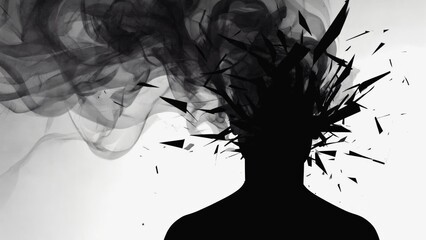 Silhouette of a human man with swirling black smoke or ink flowing from her head, creating an abstract artistic effect, symbolizing imagination, mystery, expression, surrealism, and inner creativity