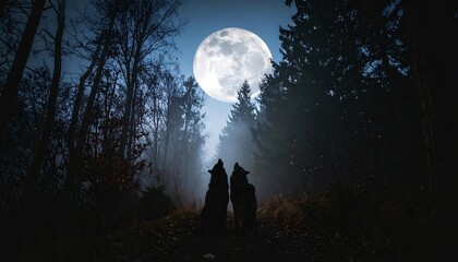 Two wolves silhouette in a mystical forest at night under a full moon