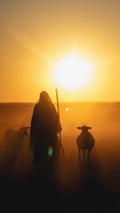 Silhouette of Shepherd and Sheep at Sunset