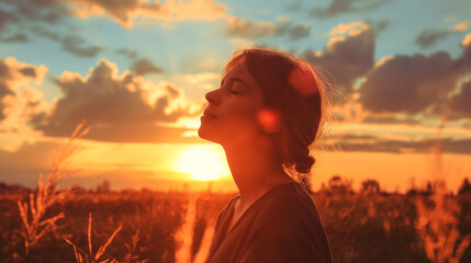 Mulher meditando ao pôr do sol