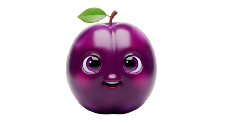 A cute cartoon plum character with a big smile and sparkling eyes, isolated on a transparent background 3d fruit illustration