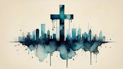 Watercolor Cityscape with Christian Cross – Abstract Spiritual Art