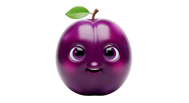A cute cartoon plum character with a big smile and sparkling eyes, isolated on a transparent background 3d fruit illustration