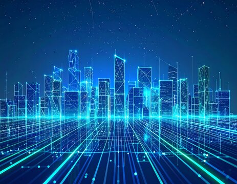 Futuristic city skyline at night with digital lines