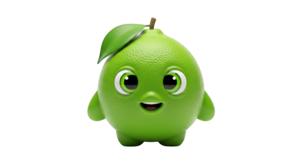 Adorable cartoon lime character with a big smile, isolated on transparent background 3d fruit illustration
