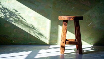 Rustic Wooden Stool in Sunlight Against a Limewash Wall