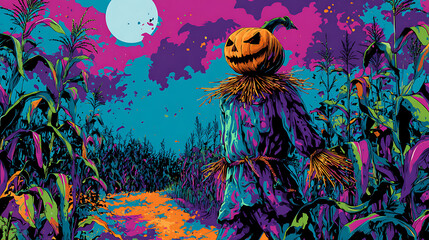 Colorful scarecrow stands in a vibrant cornfield under a full moon, creating a spooky atmosphere