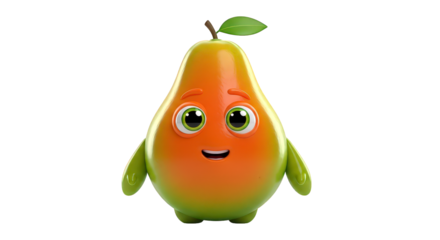 Cute orange and green pear character with big eyes and rosy cheeks, isolated on transparent background 3d fruit illustration