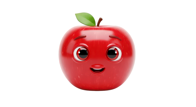 Cute red apple character with blushing cheeks and a smile, isolated on transparent background 3d fruit illustration
