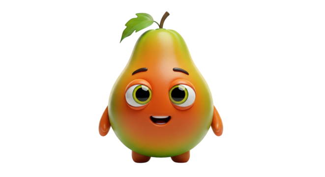 A charming animated pear character with expressive eyes and a cheerful grin, isolated on transparent background 3d fruit illustration