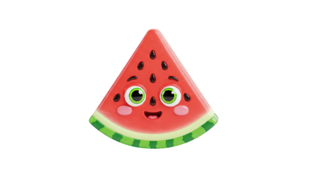 Cute cartoon slice of watermelon with a happy face, isolated on transparent background 3d fruit illustration