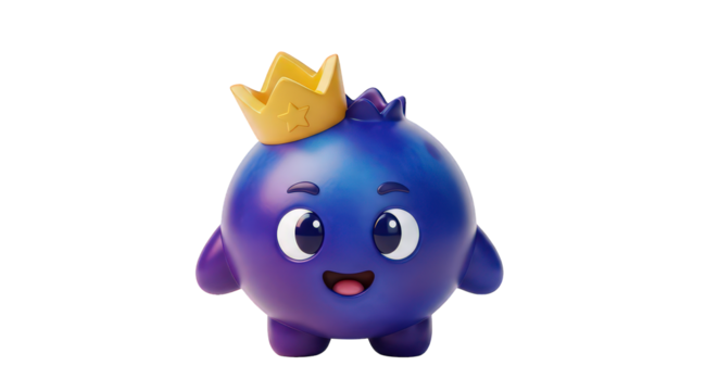 Cute cartoon blueberry character wearing a golden crown, isolated on transparent background 3d fruit illustration